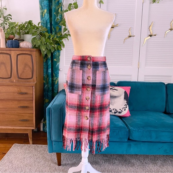 Anthropologie | Maeve Fringed Midi Skirt Plaid Pink Buttondown Christmas New 6 - Picture 2 of 15